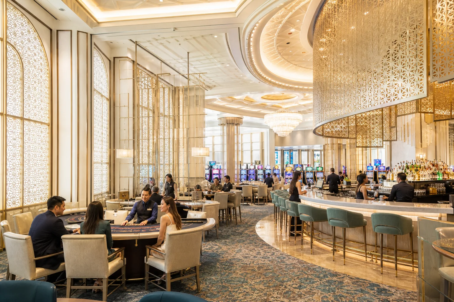 Bright elegant casino interior with table games, a curved bar and adult guests