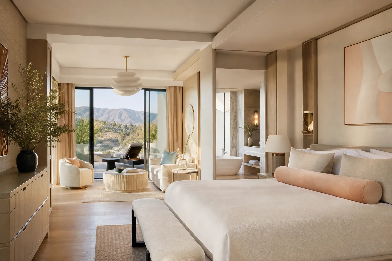 Sunlit cream and peach luxury suite with a terrace overlooking Southern California hills